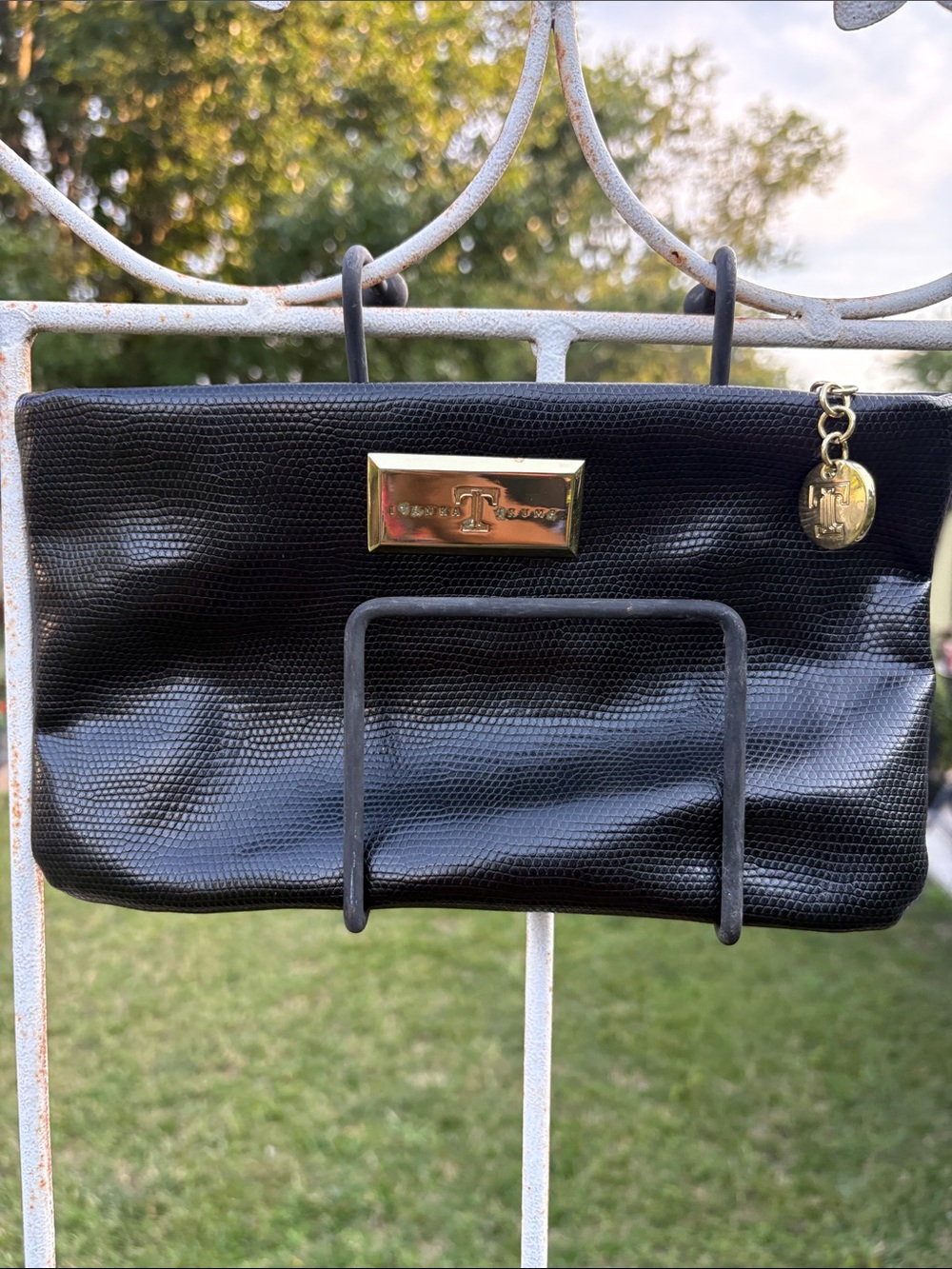 Ivanka Trump Black Textured Clutch with Gold Accents